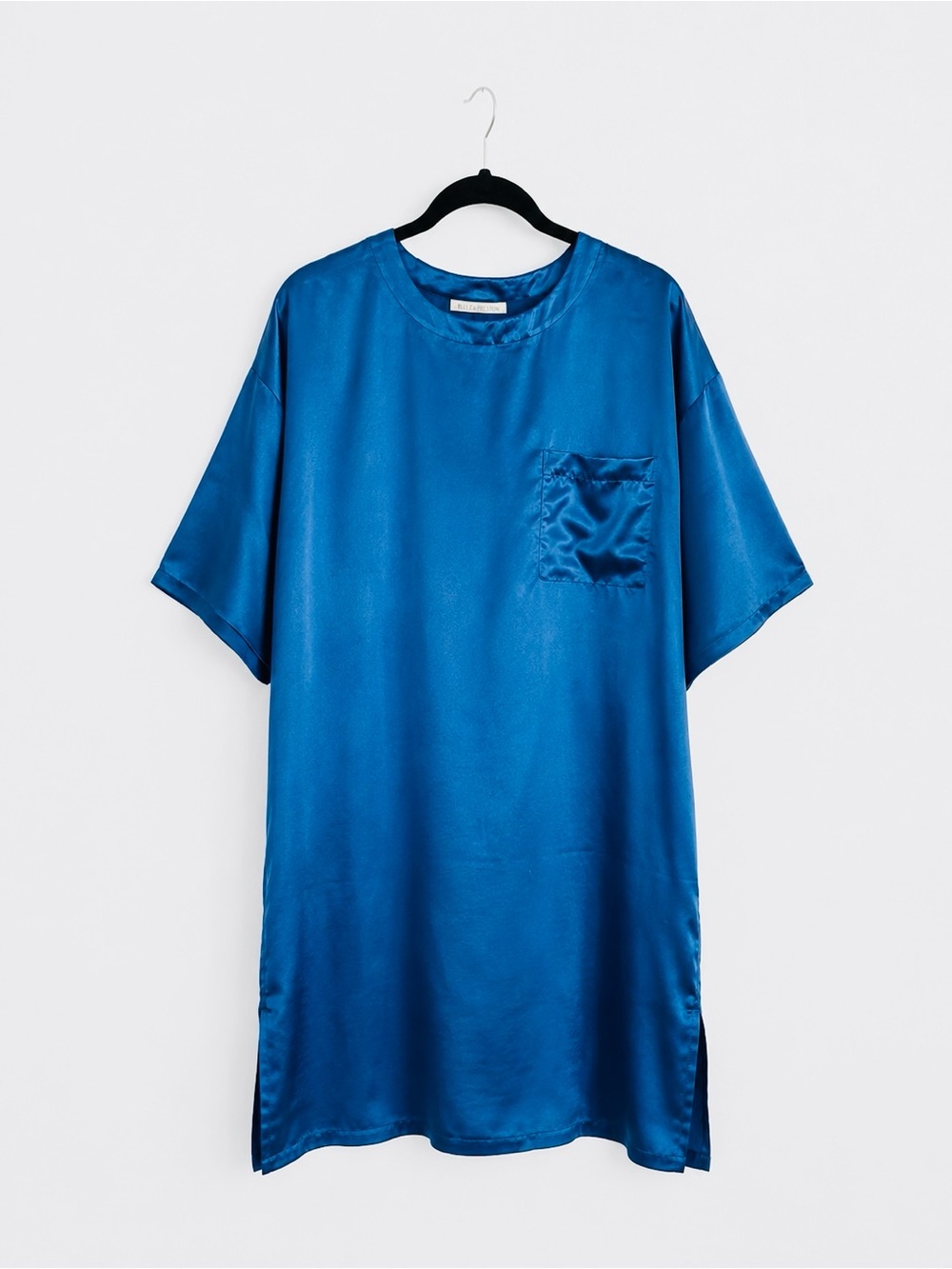 Blue Satin Short-Sleeve Pocket Shirt